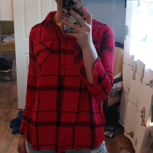 Red and white button up flannel - Picture 1 of 5